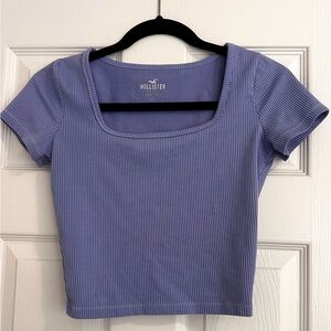 Hollister Women's Blue Square Neck Ribbed Short Sleeve Top